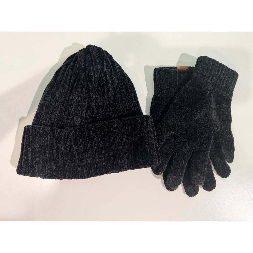 Black Chenille Knit Beanie and Touchscreen Glove Set with Logo Patch